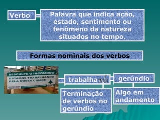 Verbo   Palavra que indica ação, estado, sentimento ou fenômeno da natureza situados no tempo . Formas nominais dos verbos trabalha ndo gerúndio Terminação de verbos no gerúndio Algo em andamento 