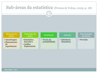 Sub-áreas da estatística (Pestana & Velosa, 2005, p. 28)
                                            5




  Obtenção de        Descrição de                                       Perscrutação
                                       Modelação           Indução
    dados               dados                                            do futuro
• Amostragem        • Estatística    • Teoria da       • Inferência    • Previsão
• Planeamento         descritiva       probabilidade     Estatística
  de                • Análise
  experiências        Exploratória




Célia Sales - UAL
 