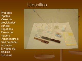 Utensilios
Probetas
Pipetas
Vasos de
precipitados
Varillas
Espátulas
Pinzas de
madera
Peachímetro o
tiras de papel
indicador
Envases de
plástico
Etiquetas
 