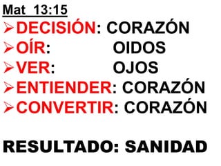Mat_13:15
DECISIÓN: CORAZÓN
OÍR: OIDOS
VER: OJOS
ENTIENDER: CORAZÓN
CONVERTIR: CORAZÓN
RESULTADO: SANIDAD
 