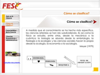 A medida que el conocimiento se ha hecho más específico, las ciencias referidas se han ido subdividiendo. Es así como la física se estudia, entre otras, desde la mecánica o la cuántica; la biología se aborda desde la embriología, la fisiología o la ecología; y las ciencias sociales hacen lo propio desde la sicología, la economía o la sociología.  Meyer (1979)   Cómo se clasifica? Cómo se clasifica? Qué es la Ciencia Cómo se clasifica? Característica de la Ciencia Ciencias Económicas y administrativas Consultar documento en la Web 