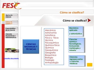 Mecánica Astronomía Astrofísica Física y  física técnica Fisicoquímica Química física Química Geoquímica Geografía Bioquímica Biología Fisiología Antropología Mecánica aplicada y astronáutica Ciencias químico-tecnológicas, incluyendo metalurgia y minería Ciencias agropecuarias y ciencias médicas Cómo se clasifica? Cómo se clasifica? Qué es la Ciencia Cómo se clasifica? Característica de la Ciencia Ciencias Económicas y administrativas Consultar documento en la Web CIENCIAS NATURALES Y TÉCNICAS 