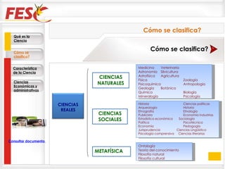 Cómo se clasifica? Cómo se clasifica? Qué es la Ciencia Cómo se clasifica? Característica de la Ciencia Ciencias Económicas y administrativas Consultar documento en la Web Medicina Veterinaria Astronomía Silvicultura Astrofísica Agricultura Física  Zoología Fisicoquímica Antropología Geología Botánica Química Biología Mineralogía Psicología Historia Ciencias políticas Arqueología Historia Etnografía Etnología Publicista Economía industrias Estadística económica  Sociología Política Psicotécnica Economía Pedagogía Jurisprudencia  Ciencias Lingüística Psicología comprensiva  Ciencias literarias CIENCIAS NATURALES CIENCIAS SOCIALES CIENCIAS REALES METAFÍSICA Ontología Teoría del conocimiento Filosofía natural Filosofía cultural 
