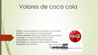 Valores de coca cola
Pasión: Comprometidos con el corazón y con la razón.
Calidad: Lo que hacemos, lo hacemos bien.
Responsabilidad: Que suceda depende de uno mismo.
Liderazgo: El coraje de forjar un futuro mejor.
Colaboración: Potenciar el talento colectivo.
Diversidad: Tan incluyente como nuestras marcas.
Integridad: Ser auténticos.
 