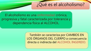 El alcoholismo es una enfermedad crónica,
progresiva y fatal caracterizada por tolerancia y
dependencia física al ALCOHOL.
¿Qué es el alcoholismo?
También se caracteriza por CAMBIOS EN
LOS ÓRGANOS DEL CUERPO a consecuencia
directa o indirecta del ALCOHOL INGERIDO.
 