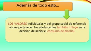 Además de todo esto…
LOS VALORES individuales y del grupo social de referencia
al que pertenecen los adolescentes también influye en la
decisión de iniciar el consumo de alcohol.
 