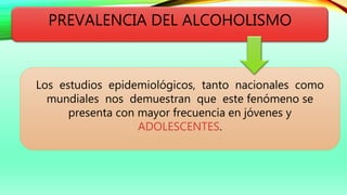 PREVALENCIA DEL ALCOHOLISMO
Los estudios epidemiológicos, tanto nacionales como
mundiales nos demuestran que este fenómeno se
presenta con mayor frecuencia en jóvenes y
ADOLESCENTES.
 