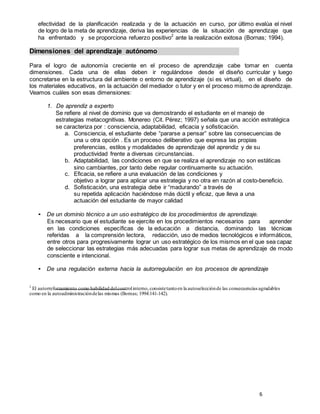 6
efectividad de la planificación realizada y de la actuación en curso, por último evalúa el nivel
de logro de la meta de aprendizaje, deriva las experiencias de la situación de aprendizaje que
ha enfrentado y se proporciona refuerzo positivo2
ante la realización exitosa (Bornas; 1994).
Dimensiones del aprendizaje autónomo
Para el logro de autonomía creciente en el proceso de aprendizaje cabe tomar en cuenta
dimensiones. Cada una de ellas deben ir regulándose desde el diseño curricular y luego
concretarse en la estructura del ambiente o entorno de aprendizaje (si es virtual), en el diseño de
los materiales educativos, en la actuación del mediador o tutor y en el proceso mismo de aprendizaje.
Veamos cuáles son esas dimensiones:
1. De aprendiz a experto
Se refiere al nivel de dominio que va demostrando el estudiante en el manejo de
estrategias metacognitivas. Monereo (Cit. Pérez; 1997) señala que una acción estratégica
se caracteriza por : consciencia, adaptabilidad, eficacia y sofisticación.
a. Consciencia, el estudiante debe “pararse a pensar” sobre las consecuencias de
una u otra opción . Es un proceso deliberativo que expresa las propias
preferencias, estilos y modalidades de aprendizaje del aprendiz y de su
productividad frente a diversas circunstancias.
b. Adaptabilidad, las condiciones en que se realiza el aprendizaje no son estáticas
sino cambiantes, por tanto debe regular continuamente su actuación.
c. Eficacia, se refiere a una evaluación de las condiciones y
objetivo a lograr para aplicar una estrategia y no otra en razón al costo-beneficio.
d. Sofisticación, una estrategia debe ir “madurando” a través de
su repetida aplicación haciéndose más dúctil y eficaz, que lleva a una
actuación del estudiante de mayor calidad
• De un dominio técnico a un uso estratégico de los procedimientos de aprendizaje.
Es necesario que el estudiante se ejercite en los procedimientos necesarios para aprender
en las condiciones específicas de la educación a distancia, dominando las técnicas
referidas a la comprensión lectora, redacción, uso de medios tecnológicos e informáticos,
entre otros para progresivamente lograr un uso estratégico de los mismos en el que sea capaz
de seleccionar las estrategias más adecuadas para lograr sus metas de aprendizaje de modo
consciente e intencional.
• De una regulación externa hacia la autorregulación en los procesos de aprendizaje
2
El autorreforzamiento como habilidad delcontrolinterno,consistetantoen la autoselecciónde las consecuenciasagradables
como en la autoadministracióndelas mismas (Bornas; 1994:141-142).
 