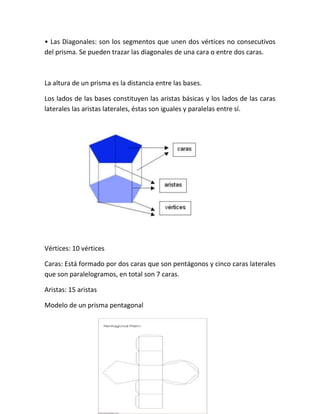 • Las Diagonales: son los segmentos que unen dos vértices no consecutivos
del prisma. Se pueden trazar las diagonales de una cara o entre dos caras.



La altura de un prisma es la distancia entre las bases.

Los lados de las bases constituyen las aristas básicas y los lados de las caras
laterales las aristas laterales, éstas son iguales y paralelas entre sí.




Vértices: 10 vértices

Caras: Está formado por dos caras que son pentágonos y cinco caras laterales
que son paralelogramos, en total son 7 caras.

Aristas: 15 aristas

Modelo de un prisma pentagonal
 