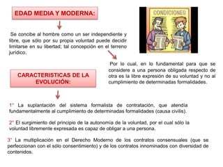 EDAD MEDIA Y MODERNA:
Se concibe al hombre como un ser independiente y
libre, que sólo por su propia voluntad puede decidir
limitarse en su libertad; tal concepción en el terreno
jurídico.
Por lo cual, en lo fundamental para que se
considere a una persona obligada respecto de
otra es la libre expresión de su voluntad y no al
cumplimiento de determinadas formalidades.
CARACTERISTICAS DE LA
EVOLUCIÓN:
1° La suplantación del sistema formalista de contratación, que atendía
fundamentalmente al cumplimiento de determinadas formalidades (causa civilis).
2° El surgimiento del principio de la autonomía de la voluntad, por el cual sólo la
voluntad libremente expresada es capaz de obligar a una persona.
3° La multiplicación en el Derecho Moderno de los contratos consensuales (que se
perfeccionan con el sólo consentimiento) y de los contratos innominados con diversidad de
contenidos.
 