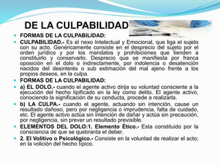 DE LA CULPABILIDAD
 FORMAS DE LA CULPABILIDAD:
 CULPABILIDAD.- Es el nexo Intelectual y Emocional, que liga el sujeto
con su acto. Genéricamente consiste en el desprecio del sujeto por el
orden jurídico y por los mandatos y prohibiciones que tienden a
constituirlo y conservarlo. Desprecio que se manifiesta por franca
oposición en el dolo o indirectamente, por indolencia o desatención
nacidos del desinterés o sub estimación del mal ajeno frente a los
propios deseos, en la culpa.
 FORMAS DE LA CULPABILIDAD:
 a) EL DOLO.- cuando el agente activo dirija su voluntad consciente a la
ejecución del hecho tipificado en la ley como delito. El agente activo,
conociendo la significación de su conducta, procede a realizarla.
 b) LA CULPA.- cuando el agente, actuando sin intención, cause un
resultado dañoso, pero por negligencia o imprudencia, falta de cuidado,
etc. El agente activo actúa sin intención de dañar y actúa sin precaución,
por negligencia, sin prever un resultado previsible.
 ELEMENTOS DEL DOLO:1. Elemento Ético.- Esta constituido por la
consciencia de que se quebranta el deber.
 2. El Volitivo o Psicológico.- Consiste en la voluntad de realizar el acto;
en la volición del hecho típico.
 