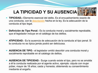 LA TIPICIDAD Y SU AUSENCIA
 TIPICIDAD.- Elemento esencial del delito. Es el encuadramiento exacto de
una conducta, con la descripción hecha en la ley. Es la adecuación de la
conducta al tipo legal.
 Definición de Tipo Penal.- Es la conducta moral y socialmente reprobable,
que el legislador incluye en el catálogo de los delitos.
 ATIPICIDAD.- Es la ausencia de adecuación de la conducta al tipo penal. Si
la conducta no es típica jamás podrá ser delictuosa.
 AUSENCIA DE TIPO.- el legislador omitió describir una conducta moral y
socialmente reprobable en el catalogo de delitos.
 AUSENCIA DE TIPICIDAD.- Surge cuando existe el tipo, pero no se amolda
a él la conducta realizada por el agente activo, ejemplo: cópula con mujer
púber, mayor de 18 años; casta y honesta; obteniendo su consentimiento
mediante el engaño.
 