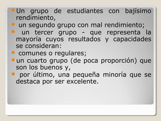Un grupo de estudiantes con bajísimo
rendimiento,
 un segundo grupo con mal rendimiento;
 un tercer grupo - que representa la
mayoría cuyos resultados y capacidades
se consideran:
 comunes o regulares;
un cuarto grupo (de poca proporción) que
son los buenos y,
 por último, una pequeña minoría que se
destaca por ser excelente.
 