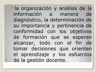 la organización y análisis de la
información a manera de
diagnóstico, la determinación de
su importancia y pertinencia de
conformidad con los objetivos
de formación que se esperan
alcanzar, todo con el fin de
tomar decisiones que orienten
el aprendizaje y los esfuerzos
de la gestión docente.
 