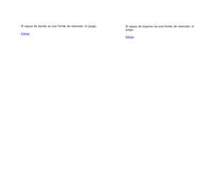 El saque de banda es una forma de reanudar el juego.
Entrar
El saque de esquina es una forma de reanudar el
juego.
Entrar
 