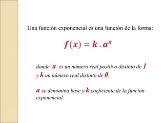 Una función exponencial es una función de la forma: donde a es un número real positivo distinto de 1 y k un número real distinto de 0 . a se denomina base y k coeficiente de la función exponencial.