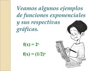 Veamos algunos ejemplos de funciones exponenciales y sus respectivas gráficas. f(x) = 2 x f(x) = (1/2) x