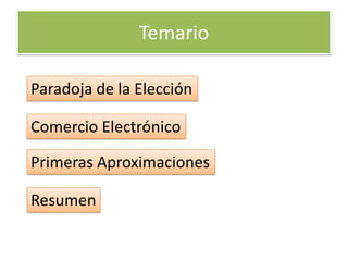 Temario

Paradoja de la Elección

Comercio Electrónico

Primeras Aproximaciones

Resumen
 