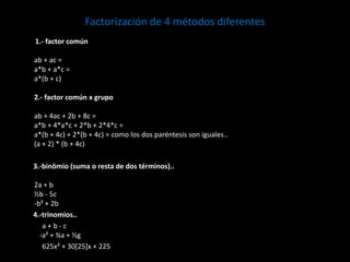 Factorización de 4 métodos diferentes
1.- factor común
ab + ac =
a*b + a*c =
a*(b + c)
2.- factor común x grupo
ab + 4ac + 2b + 8c =
a*b + 4*a*c + 2*b + 2*4*c =
a*(b + 4c) + 2*(b + 4c) = como los dos paréntesis son iguales..
(a + 2) * (b + 4c)
3.-binômio (suma o resta de dos términos)..
2a + b
½b - 5c
-b² + 2b
4.-trinomios..
a + b - c
-a² + ¾a + ½g
625x² + 30[25]x + 225
 