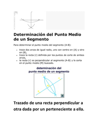 Determinación del Punto Medio
de un Segmento
Para determinar el punto medio del segmento (A-B):
 trace dos arcos de igual radio, uno con centro en (A) y otro
en (B),
 trace la recta (r) definida por los puntos de corte de ambos
arcos,
 la recta (r) es perpendicular al segmento (A-B) y lo corta
en el punto medio (M) buscado.
determinación del
punto medio de un segmento
Trazado de una recta perpendicular a
otra dada por un perteneciente a ella.
 