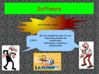 Software SOFTWARE LIBRE ¿Qué es el software libre? Son los programas que una vez  Adquiridos pueden ser modificados, Estudiarlos, copiarlos y redistribuidos 