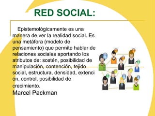 RED SOCIAL:Epistemológicamente es una manera de ver la realidad social. Es una metáfora (modelo de pensamiento) que permite hablar de relaciones sociales aportando los atributos de: sostén, posibilidad de manipulación, contención, tejido social, estructura, densidad, extención, control, posibilidad de crecimiento.                                                  Marcel Packman