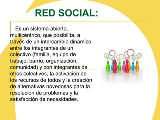 RED SOCIAL:Es un sistema abierto, multicéntrico, que posibilita, a través de un intercambio dinámico entre los integrantes de un colectivo (familia, equipo de trabajo, barrio, organización, comunidad) y con integrantes de otros colectivos, la activación de los recursos de todos y la creación de alternativas novedosas para la resolución de problemas y la satisfacción de necesidades.