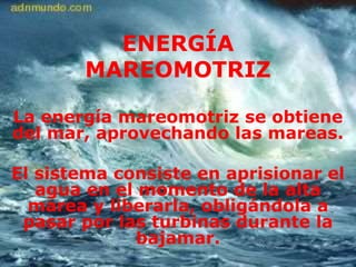 ENERGÍA
MAREOMOTRIZ
La energía mareomotriz se obtiene
del mar, aprovechando las mareas.
El sistema consiste en aprisionar el
agua en el momento de la alta
marea y liberarla, obligándola a
pasar por las turbinas durante la
bajamar.
 