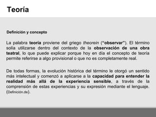 Here comes your footer
Teoría
La palabra teoría proviene del griego theorein (“observar”). El término
solía utilizarse den...