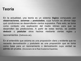 Here comes your footer Page 3
Teoría
En la actualidad, una teoría es un sistema lógico compuesto por
observaciones, axioma...