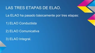 LAS TRES ETAPAS DE ELAO.
La ELAO ha pasado básicamente por tres etapas:
1) ELAO Conductista
2) ELAO Comunicativa
3) ELAO Integral.
 