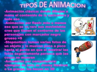 -Animación clásica: donde dibujan a
mano el contenido de la caricatura y
todo eso
-Animación por flash: más o menos
eso que se ve raro sus movimiento
creo que tienen el contorno de los
personajes con marcador negro
grueso =S
-Stopmotion: toman varias fotos de
un objeto y lo mueven poco a poco
hasta el punto en que al mostrar las
fotos seguidamente parezca que las
cosas se muevan
-Animación por computadora:
ejemplos de esto es Jimmy Neutron
o La granja, los hacen en 3D
 