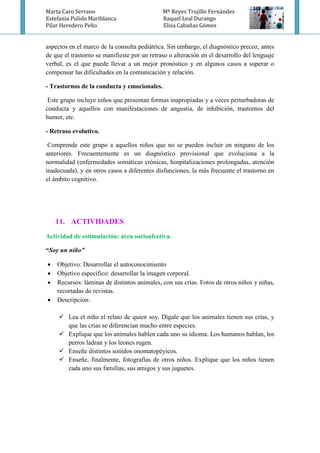 Marta Caro Serrano Mª Reyes Trujillo Fernández
Estefania Pulido Mariblanca Raquel Leal Durango
Pilar Heredero Peño Elisa Cabañas Gómez
aspectos en el marco de la consulta pediátrica. Sin embargo, el diagnóstico precoz, antes
de que el trastorno se manifieste por un retraso o alteración en el desarrollo del lenguaje
verbal, es el que puede llevar a un mejor pronóstico y en algunos casos a superar o
compensar las dificultades en la comunicación y relación.
- Trastornos de la conducta y emocionales.
Este grupo incluye niños que presentan formas inapropiadas y a veces perturbadoras de
conducta y aquellos con manifestaciones de angustia, de inhibición, trastornos del
humor, etc.
- Retraso evolutivo.
Comprende este grupo a aquellos niños que no se pueden incluir en ninguno de los
anteriores. Frecuentemente es un diagnóstico provisional que evoluciona a la
normalidad (enfermedades somáticas crónicas, hospitalizaciones prolongadas, atención
inadecuada), y en otros casos a diferentes disfunciones, la más frecuente el trastorno en
el ámbito cognitivo.
11. ACTIVIDADES
Actividad de estimulación: área socioafectiva.
“Soy un niño”
 Objetivo: Desarrollar el autoconocimiento
 Objetivo específico: desarrollar la imagen corporal.
 Recursos: láminas de distintos animales, con sus crías. Fotos de otros niños y niñas,
recortadas de revistas.
 Descripción:
 Lea el niño el relato de quien soy. Dígale que los animales tienen sus crías, y
que las crías se diferencian mucho entre especies.
 Explique que los animales hablen cada uno su idioma. Los humanos hablan, los
perros ladran y los leones rugen.
 Enseñe distintos sonidos onomatopéyicos.
 Enseñe, finalmente, fotografías de otros niños. Explique que los niños tienen
cada uno sus familias, sus amigos y sus juguetes.
 