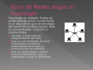  Topología en estrella: Todos los
ordenadores están conectados
a un dispositivo que se encarga
de transmitir la información. Hub
o concentrador, o Switch o
conmutador.
 Ventaja: Cada nodo es
independiente del resto.
 Si es un concentrador, envía la
información a todos los
ordenadores de la red. La
comunicación se ralentiza.
 Si es un conmutador o switch,
envía la información solo al
ordenador al que va destinado.
 