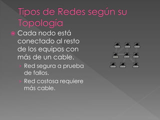  Cada nodo está
conectado al resto
de los equipos con
más de un cable.
› Red segura a prueba
de fallos.
› Red costosa requiere
más cable.
 