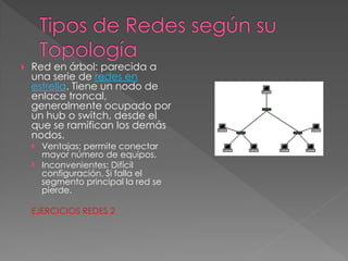  Red en árbol: parecida a
una serie de redes en
estrella. Tiene un nodo de
enlace troncal,
generalmente ocupado por
un hub o switch, desde el
que se ramifican los demás
nodos.
 Ventajas: permite conectar
mayor número de equipos.
 Inconvenientes: Difícil
configuración. Si falla el
segmento principal la red se
pierde.
EJERCICIOS REDES 2
 