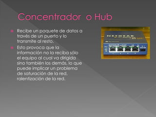  Recibe un paquete de datos a
través de un puerto y lo
transmite al resto.
 Esto provoca que la
información no la reciba sólo
el equipo al cual va dirigida
sino también los demás, lo que
puede implicar un problema
de saturación de la red,
ralentización de la red.
 