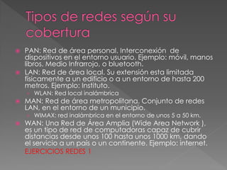  PAN: Red de área personal. Interconexión de
dispositivos en el entorno usuario. Ejemplo: móvil, manos
libros. Medio Infrarrojo, o bluetooth.
 LAN: Red de área local. Su extensión esta limitada
físicamente a un edificio o a un entorno de hasta 200
metros. Ejemplo: Instituto.
› WLAN: Red local inalámbrica
 MAN: Red de área metropolitana. Conjunto de redes
LAN, en el entorno de un municipio.
› WIMAX: red inalámbrica en el entorno de unos 5 a 50 km.
 WAN: Una Red de Área Amplia (Wide Area Network ),
es un tipo de red de computadoras capaz de cubrir
distancias desde unos 100 hasta unos 1000 km, dando
el servicio a un país o un continente. Ejemplo: internet.
EJERCICIOS REDES 1
 