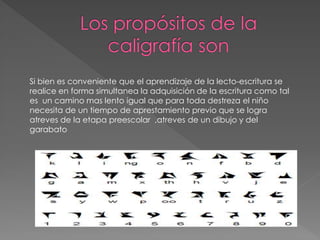 Si bien es conveniente que el aprendizaje de la lecto-escritura se
realice en forma simultanea la adquisición de la escritura como tal
es un camino mas lento igual que para toda destreza el niño
necesita de un tiempo de aprestamiento previo que se logra
atreves de la etapa preescolar ,atreves de un dibujo y del
garabato
 