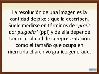 La resolución de una imagen es la
 cantidad de píxels que la describen.
Suele medirse en términos de "pixels
por pulgada" (ppi) y de ella depende
tanto la calidad de la representación
   como el tamaño que ocupa en
memoria el archivo gráfico generado.
 