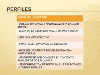 PERFILES
   PERFIL DEL PROFESOR:

   - POSEA PRINCIPIOS Y HÁBITOS DE ALTA CALIDAD
   MORAL
   - HAGA DE LA BIBLIA SU FUENTE DE INSPIRACIÓN

   - SEA UN LIDER POSITIVO

   - PRACTIQUE PRINCIPIOS DE VIDA SANA

   - FACILITE LOS PROCESOS DE ENSEÑANZA-
   APRENDIZAJE
   - SE INTERESE POR CONOCER EL CONTEXTO
   FAMILIAR DE LOS ALUMNOS
   - SE EXPRESE CON RESPETO EN SUS RELACIONES
   INTERPERSONALES
 