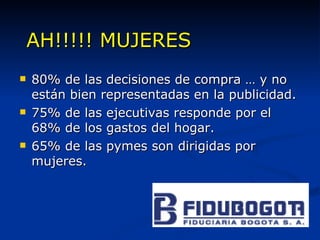 AH!!!!! MUJERES 80% de las decisiones de compra … y no están bien representadas en la publicidad. 75% de las ejecutivas responde por el 68% de los gastos del hogar. 65% de las pymes son dirigidas por mujeres. 