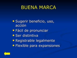 BUENA MARCA Sugerir beneficio, uso, acción Fácil de pronunciar Ser distintiva Registrable legalmente Flexible para expansiones 