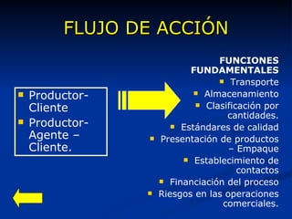 FLUJO DE ACCIÓN Productor-Cliente Productor- Agente –Cliente. FUNCIONES FUNDAMENTALES Transporte Almacenamiento Clasificación por cantidades. Estándares de calidad Presentación de productos – Empaque Establecimiento de contactos Financiación del proceso Riesgos en las operaciones comerciales. 