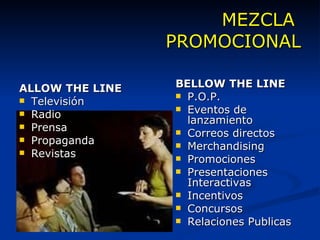 MEZCLA  PROMOCIONAL ALLOW THE LINE Televisión Radio Prensa Propaganda Revistas BELLOW THE LINE P.O.P. Eventos de lanzamiento Correos directos Merchandising Promociones Presentaciones Interactivas Incentivos Concursos Relaciones Publicas 