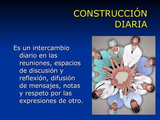 CONSTRUCCIÓN  DIARIA  Es un intercambio diario en las reuniones, espacios de discusión y reflexión, difusión de mensajes, notas y respeto por las expresiones de otro. 