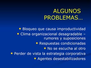 ALGUNOS  PROBLEMAS… Bloqueo que causa improductividad Clima organizacional desagradable – rumores y suposiciones Respuestas condicionadas No se escucha al otro Perder de vista la estrategia corporativa Agentes desestabilizadores 