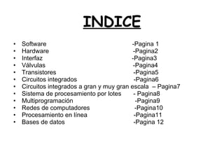 INDICE Software  -Pagina 1 Hardware  -Pagina2 Interfaz  -Pagina3 Válvulas  -Pagina4 Transistores  -Pagina5 Circuitos integrados  -Pagina6  Circuitos integrados a gran y muy gran escala  – Pagina7 Sistema de procesamiento por lotes  - Pagina8 Multiprogramación  -Pagina9 Redes de computadores  -Pagina10 Procesamiento en línea  -Pagina11 Bases de datos  -Pagina 12 
