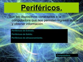 Periféricos . Son los dispositivos conectados a la computadora que nos permiten ingresar datos y obtener información. Periféricos de Entrada. Periféricos de Salida. Periféricos de almacenamiento. Computadora 