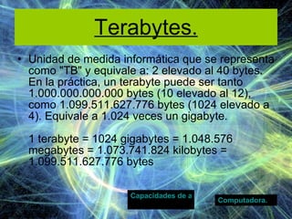 Terabytes. Unidad de medida informática que se representa como "TB" y equivale a: 2 elevado al 40 bytes. En la práctica, un terabyte puede ser tanto 1.000.000.000.000 bytes (10 elevado al 12), como 1.099.511.627.776 bytes (1024 elevado a 4). Equivale a 1.024 veces un gigabyte. 1 terabyte = 1024 gigabytes = 1.048.576 megabytes = 1.073.741.824 kilobytes = 1.099.511.627.776 bytes  Computadora. Capacidades de almacenamiento . 